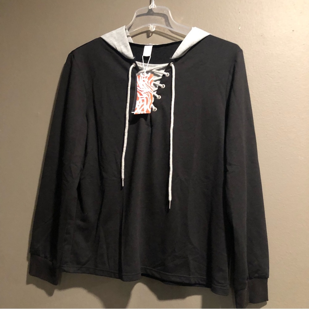 Romwe Long Sleeves Hoodie Lace Up Top, Large